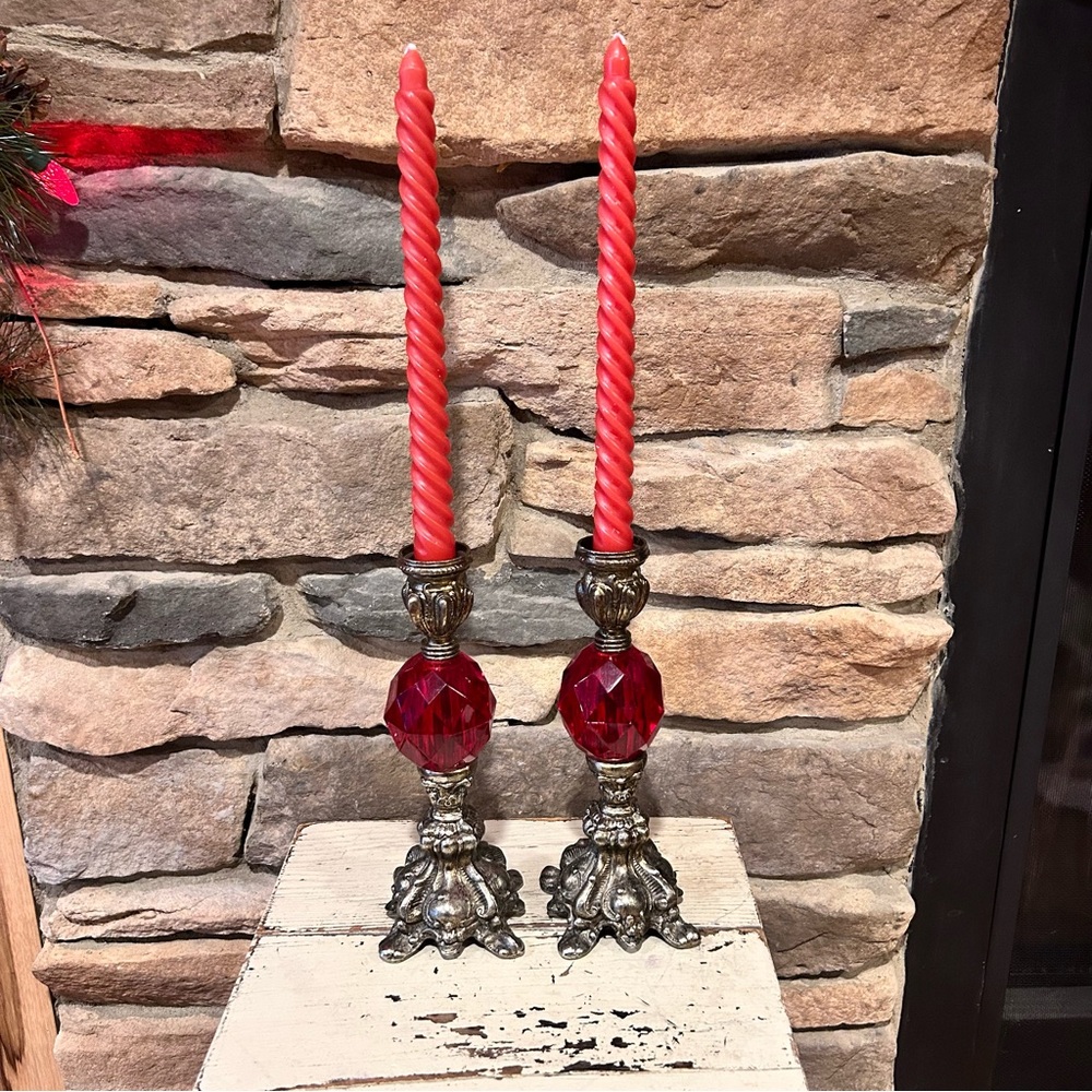 Vintage lucite and brass and Red Candle‎ Holders 8”/with candles